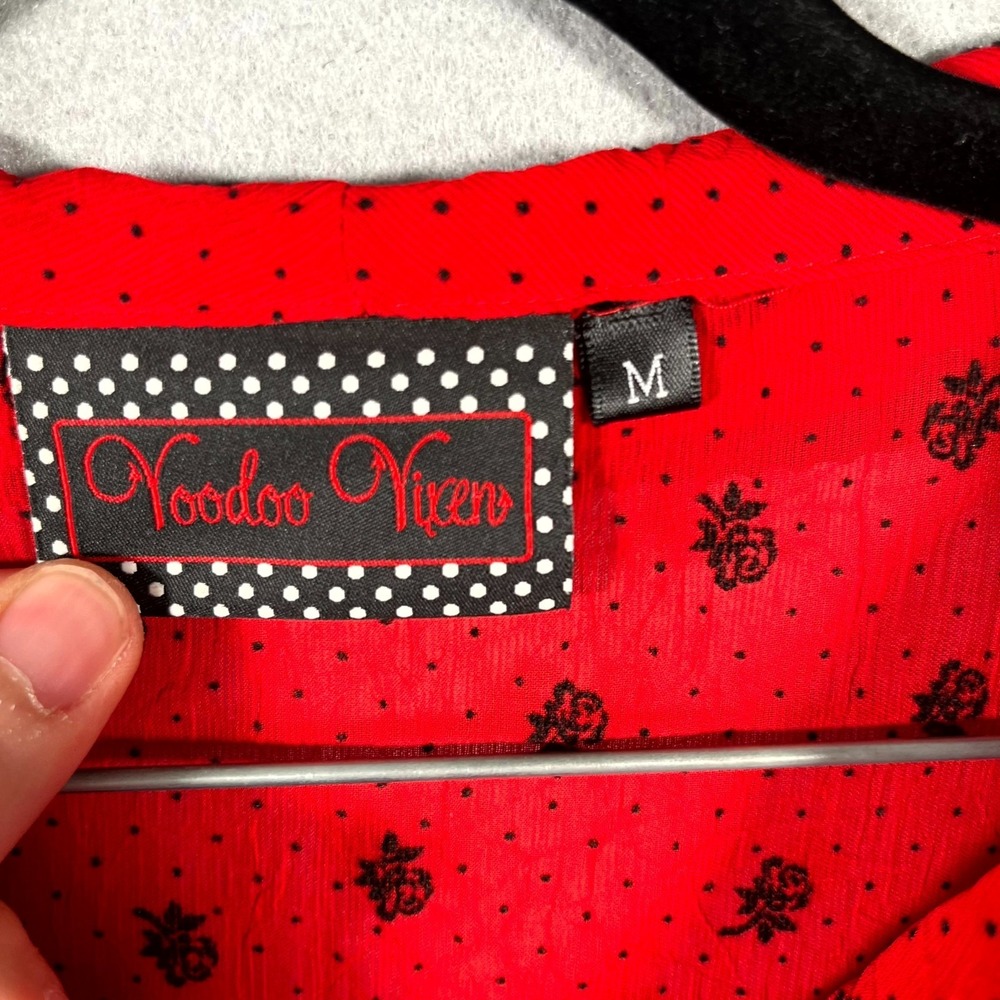 Voodoo Vixen A Line Dress Womens Medium Red Rose Polka Dot Lace Trim Cap Sleeve - Picture 2 of 6